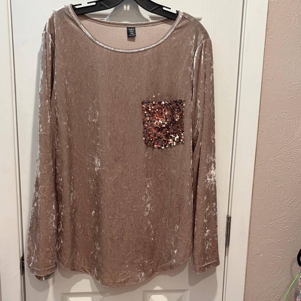 SHEIN Taupe Velvet Long Sleeve Top with Sequin Accent